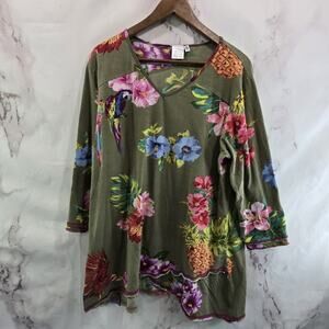 Parsley & Sage Shirt Womens 1X Green Floral Artsy Art To Wear Pink Army Olive